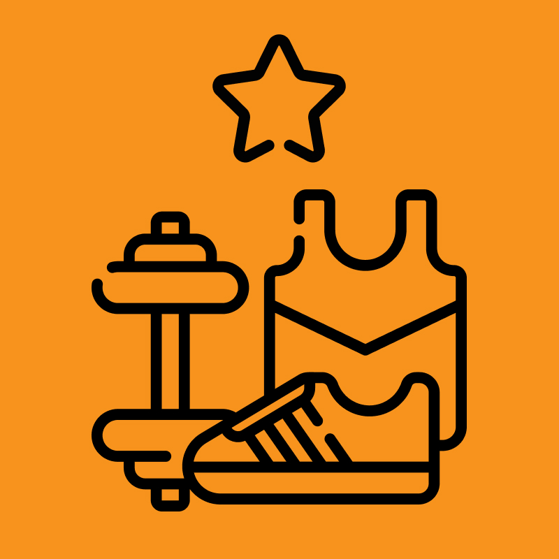 Ein SPORTS CLUB – STARTER-Symbol mit einem Stern und einem Paar Hanteln auf orangefarbenem Hintergrund, das einen Sportverein darstellt.