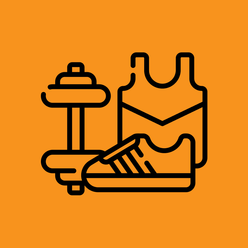 Ein Liniensymbol, das SPORTS CLUB – STARTER darstellt, mit einem Paar Schuhen und einem Paar Hanteln.