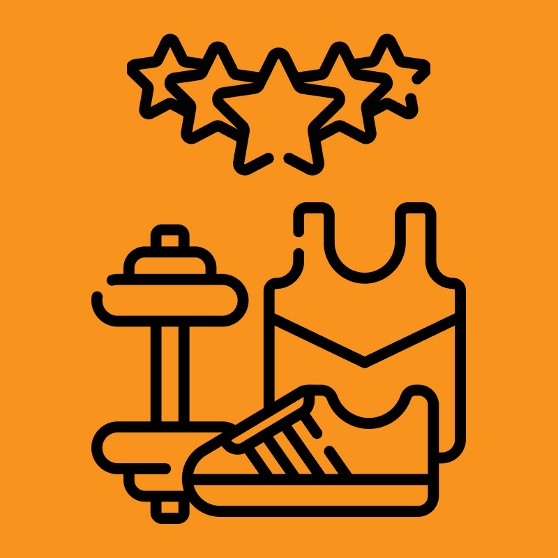 Ein Liniensymbol aus einem Stern und einer Hantel auf orangefarbenem Hintergrund stellt einen SPORTVEREIN – STARTER dar.