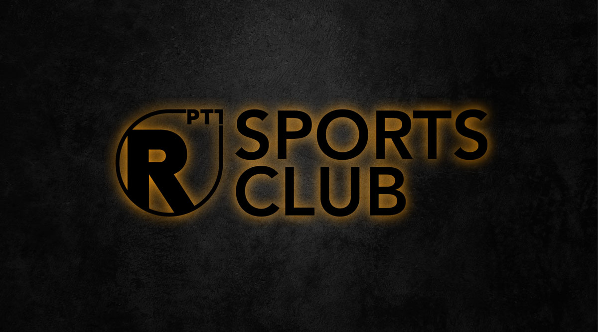 R Sports Club-Logo auf schwarzem Hintergrund mit Personal Training.